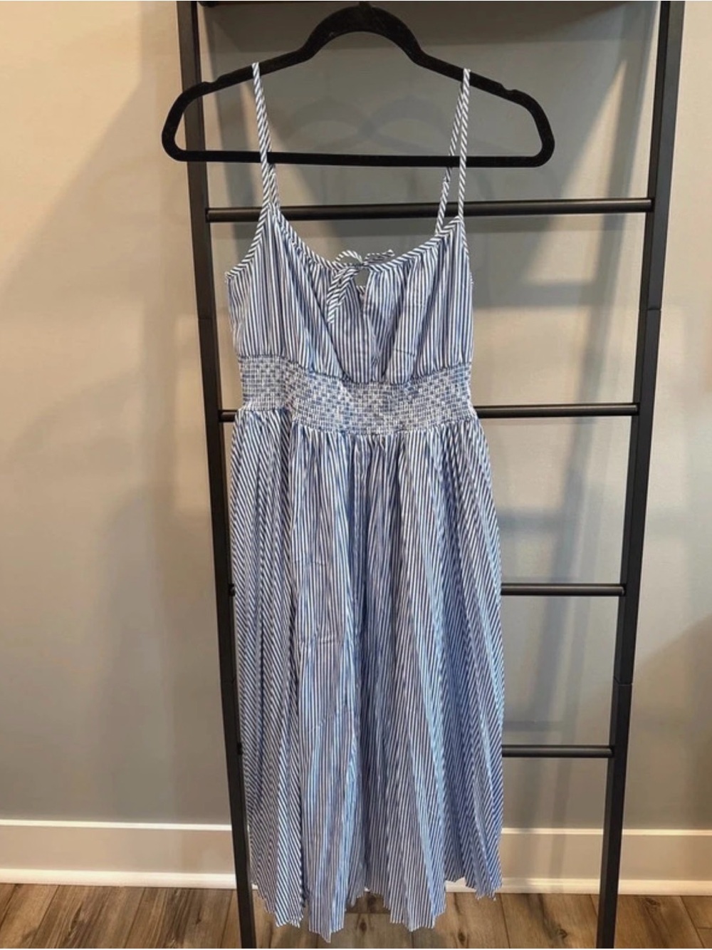 J. Crew Blue and White Striped Dress with Pleated Bottom